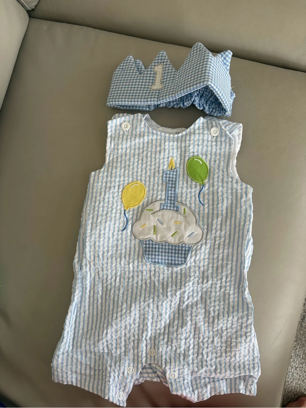 Baby Boys Light Blue Seersucker 1st Birthday Romper & Crown Set